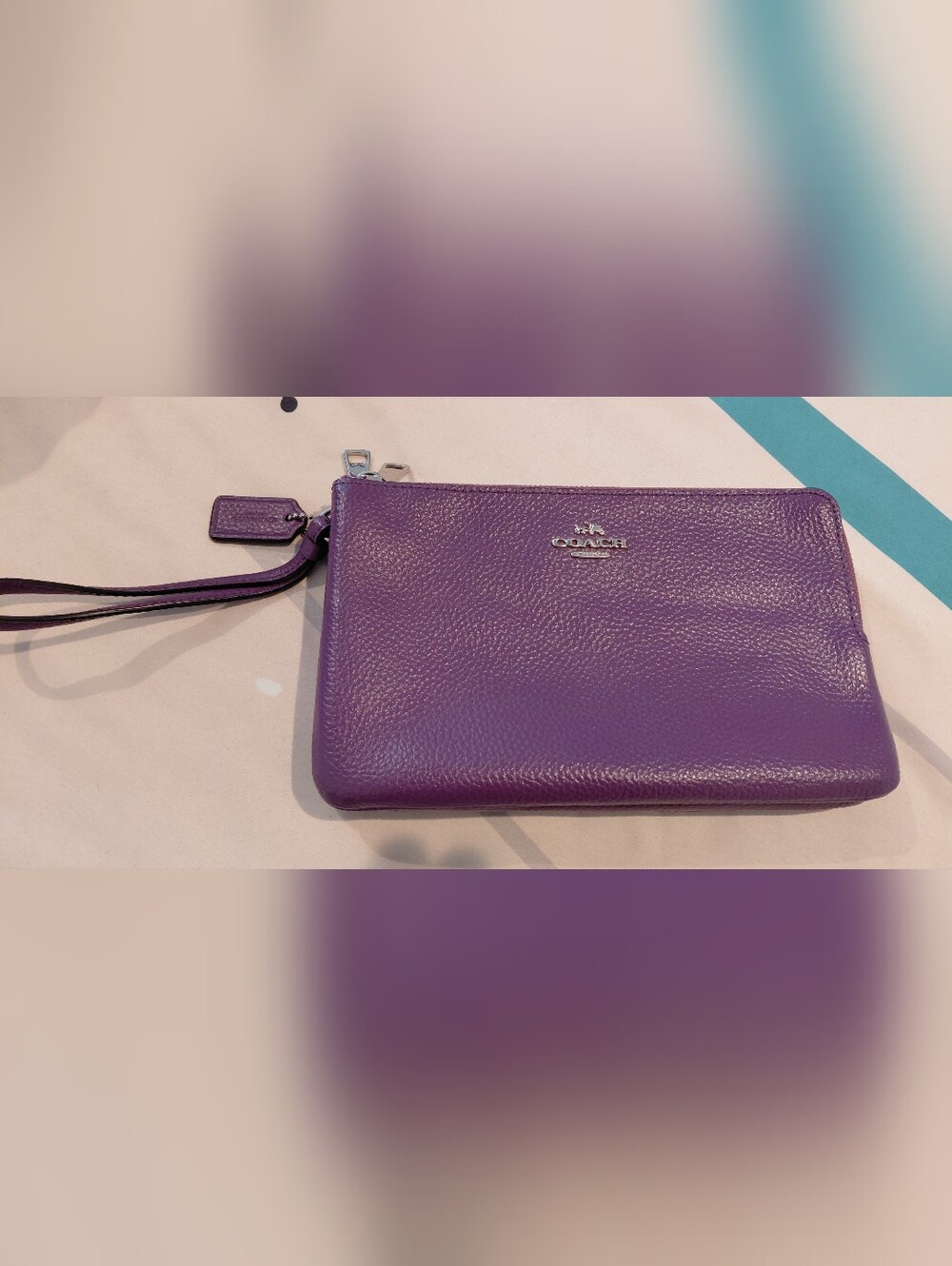 Coach Double Zipper Wristlet Purple Pebble Leather.